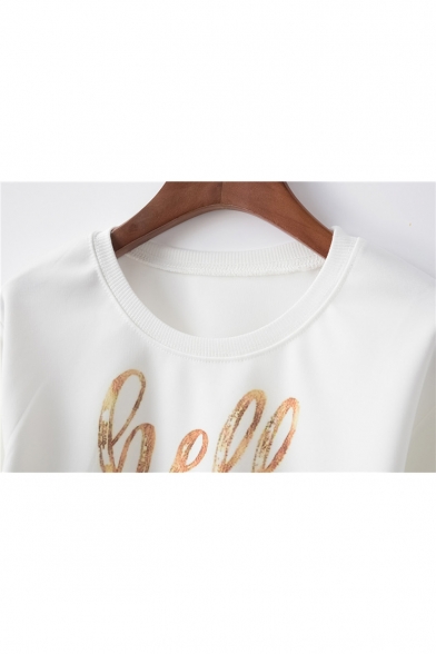 Hello Letter Cactus Printed Round Neck Long Sleeve White Cropped Sweatshirt