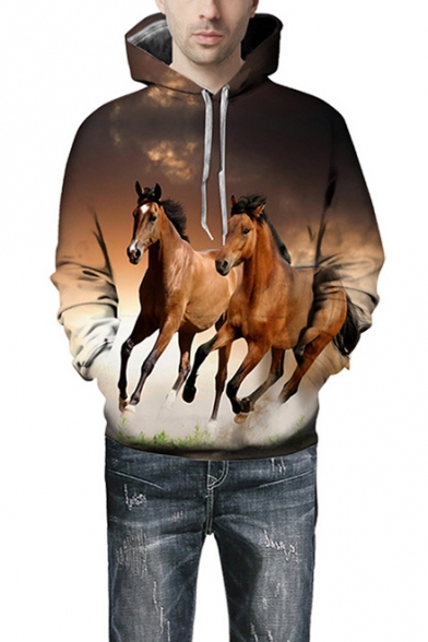 Hot Fashion 3D Horse Print Long Sleeve Khaki Unisex Hoodie with Pocket ...