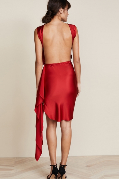 Hot Fashion V Neck Sleeveless Plain Cut Out Open Back Stretch Ruffle Asymmetric Dress