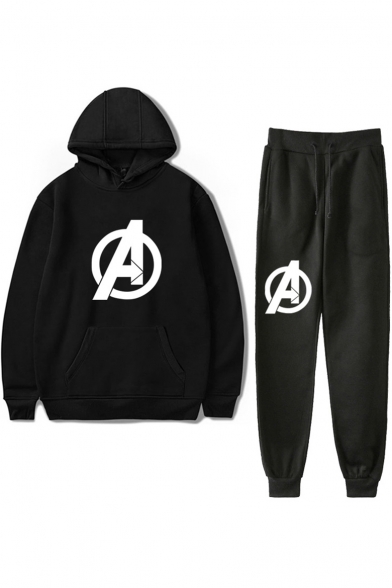 Letter A Logo Pattern Hoodie with Drawstring Waist Sport Joggers