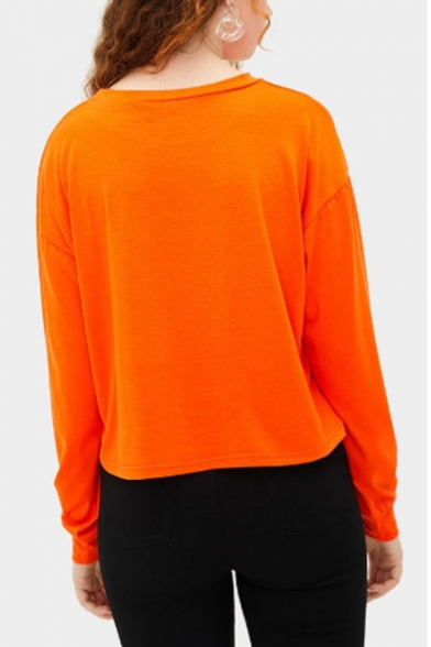 Hot TOKYO Letter Print Round Neck Long Sleeve Orange Pullover Sweatshirt