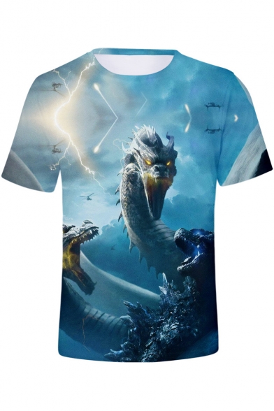 King of the Monsters Cool 3D Dragon Pattern Basic Round Neck Short Sleeve Blue Tee