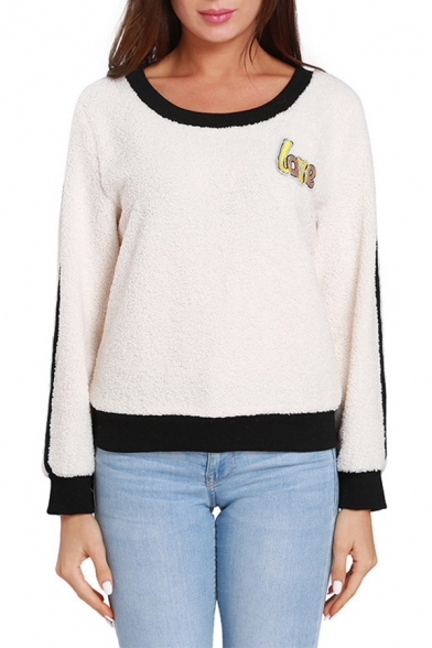 LOVE Letter Patched Contrast Trim Round Neck Striped Long Sleeve White Fleece Sweatshirt