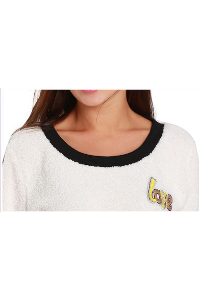 LOVE Letter Patched Contrast Trim Round Neck Striped Long Sleeve White Fleece Sweatshirt
