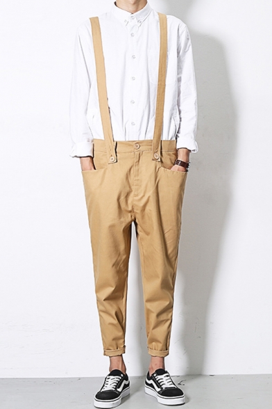Mens New Stylish Solid Color Rolled Cuff Casual Tapered Trousers Suspender Pants