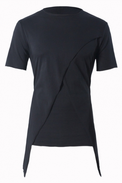 Mens Summer New Stylish Simple Plain Unique Patchwork Short Sleeve Round Neck T-Shirt