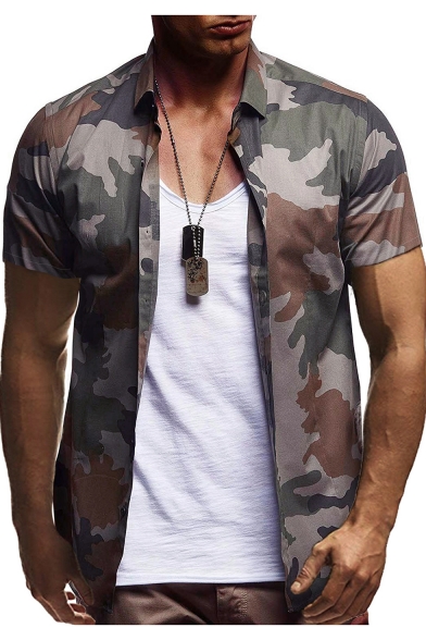 Men T-Shirt Short Sleeve Fit Camo Shirts Camouflage Button Men Shirt Tops M-3XL