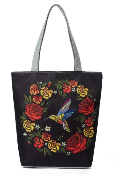 National Style Creative Floral Birds Printed Black Canvas Shoulder Bag 27*11*38 CM
