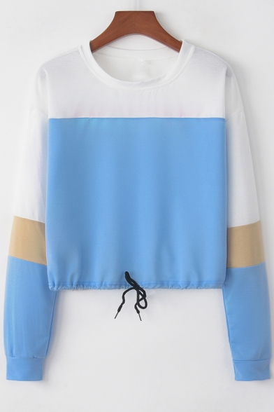 New Color Block Round Neck Long Sleeve Drawstring Sweatshirt