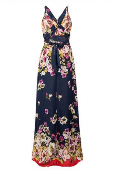 Floral Pattern V-Neck Sleeveless Bow-Tied Waist Maxi Slip Chiffon Dress