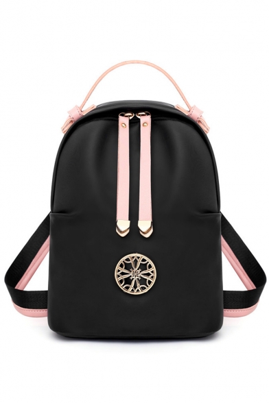 New Stylish Metal Embellishment Black Oxford Cloth School Bag Backpack for Girls 27*22*15 CM