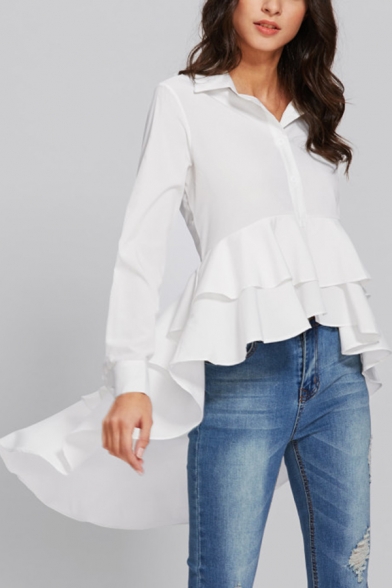 New Stylish Solid Color Long Sleeve Button Down Unique Irregular Ruffled Hem Shirt Blouse
