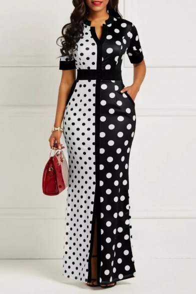 New Stylish Two-Tone Colorblocked Polka Dot Pattern Short Sleeve V-Neck Maxi Sheath Dress