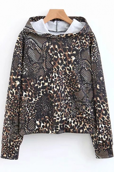 New Stylish Women's Leopard Snake Print Long Sleeve Khaki Hoodie