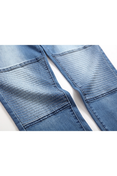 New Trendy Pleated Detail Blue Slim Fitted Denim Overalls for Men
