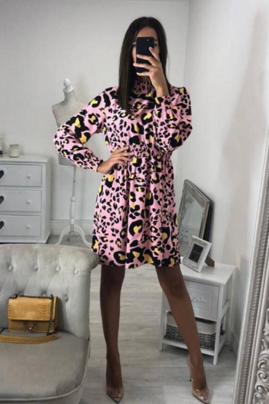 New Trendy Polka Dot Leopard Pattern Long Sleeve Stand Collar Mini A-Line Dress