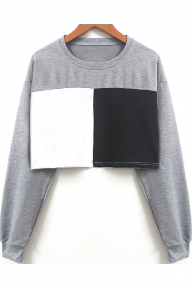 New Trendy Round Neck Long Sleeve Colorblock Casual Cropped Sweatshirt
