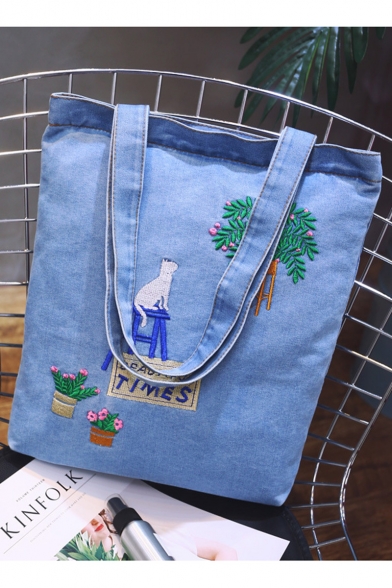Popular Cartoon Cat Plant Letter TIMES Embroidery Pattern Denim Canvas Shoulder Bag 33*37*6 CM