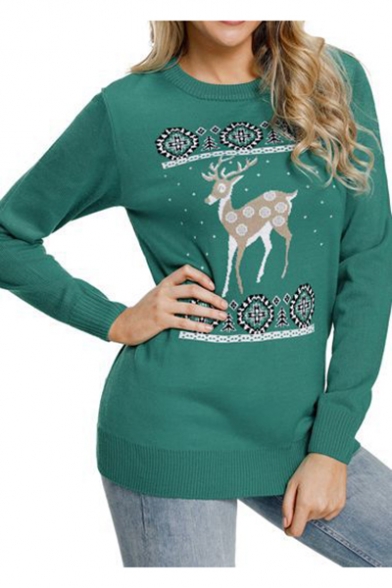 Popular Christmas Deer Snowflake Print Round Neck Long Sleeve Casual Sweatshirt