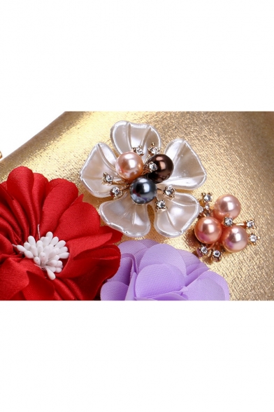 Popular Fashion Pearl Floral Embellishment Metal Rhinestone Buckle Evening Clutch Bag for Wedding 20*6*12 CM