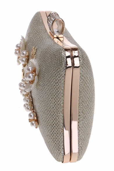 Popular Fashion Pearl Floral Embellishment Rhinestone Buckle Evening Clutch Bag 20*6*12 CM