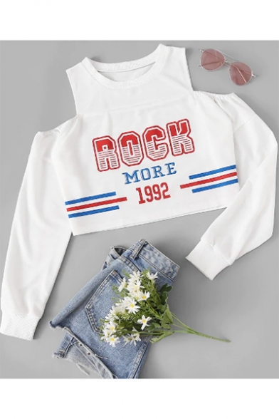 Popular Street Letter ROCK MORE Stripe Printed Round Neck Cold Shoulder Long Sleeve Crop White Sweatshirt
