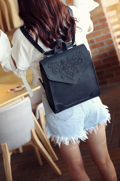 Retro Emboss Pattern Solid Color PU Leather Backpack for Women