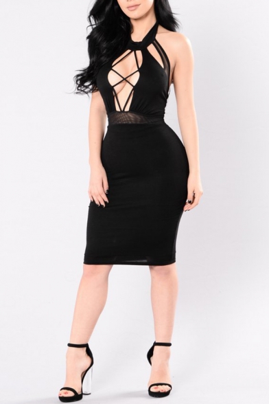 Sexy Solid Color Black Halter Sleeveless Cut Out Lace Up Open Back Midi Bodycon Dress
