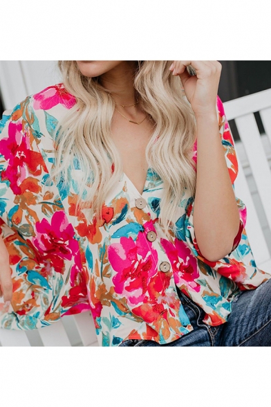 Summer Chic Rose Red Floral Printed Button Down V-Neck Casual Loose Blouse Top
