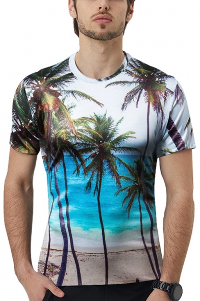 Summer Cool Short Sleeve Round Neck Tropical Coconut Print White Unisex White T-Shirt