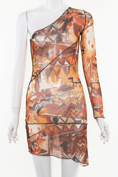 Summer New Stylish Fashion Printed One Shoulder Long Sleeve Mini Bodycon Asymmetrical Dress