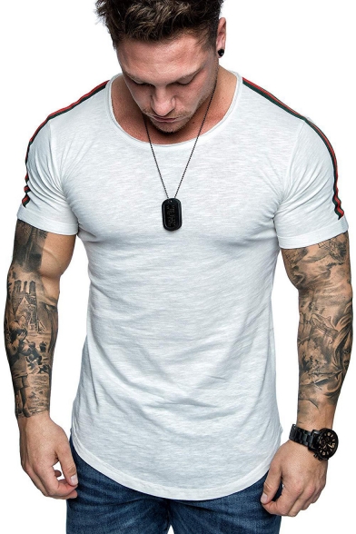 Summer Trendy Stripe Patched Short Sleeve Round Neck Slim Fit T-Shirt