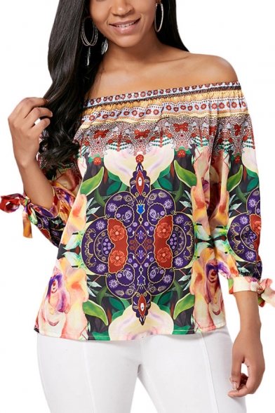 Summer Unique Fashion Floral Printed Sexy Off the Shoulder Bow-Tied Cuff Blouse Top