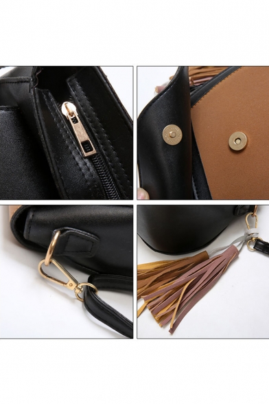 Trendy Color Block Tassel Embellishment PU Leather Frosted Crossbody Saddle Bag 19*9*15 CM
