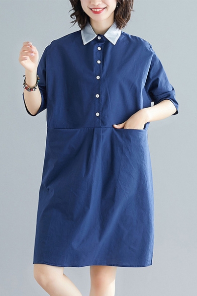 Trendy Simple Plain Button Front Lapel Collar Half Sleeve Mini Shift Linen Shirt Dress with Pocket