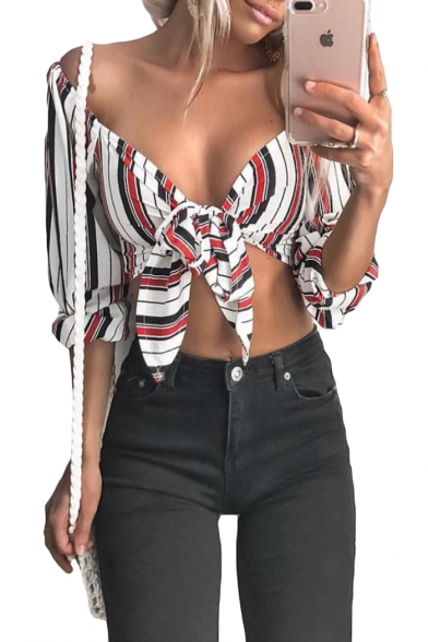 Trendy Vertical Stripe Printed Knotted Plunging V-Neck Long Sleeve Cropped Blouse Top