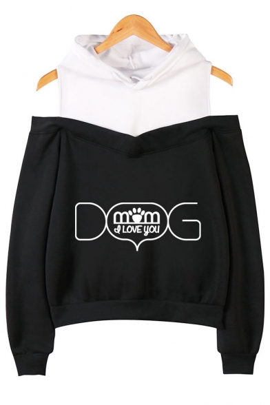 Unique Cool Letter Dog Mom Print Cold Shoulder Long Sleeve Casual Sport Hoodie