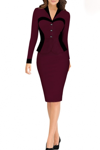 Vintage Victorian Fashion Lapel Collar Long Sleeve Colorblocked Button Front Midi Pencil Dress for Office Lady