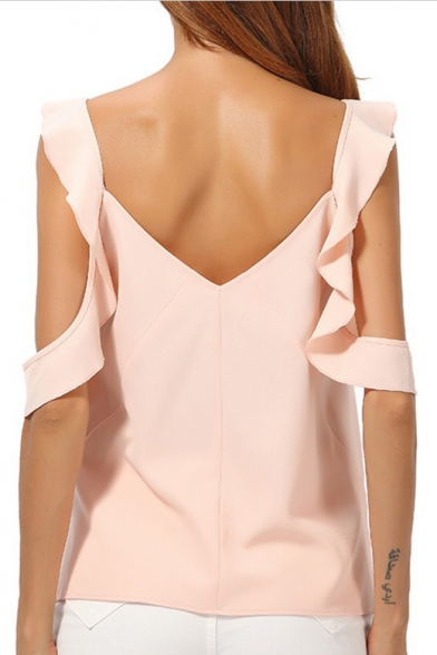 Women's Chic Pink Simple Plain Flutter Cold Shoulder Long Sleeve V-Neck Chiffon Blouse Top