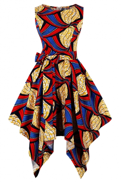 Women's Fashion Vintage Round Neck Sleeveless Bow-Tide Waist Tribal Print Midi Asymmetric Hem Red Dress