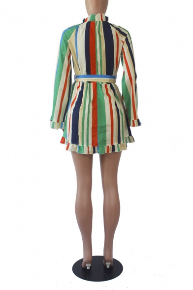 Women's Long Sleeve Stand Collar Colorful Stripes Bow-Tide Waist Mini A-Line Dress