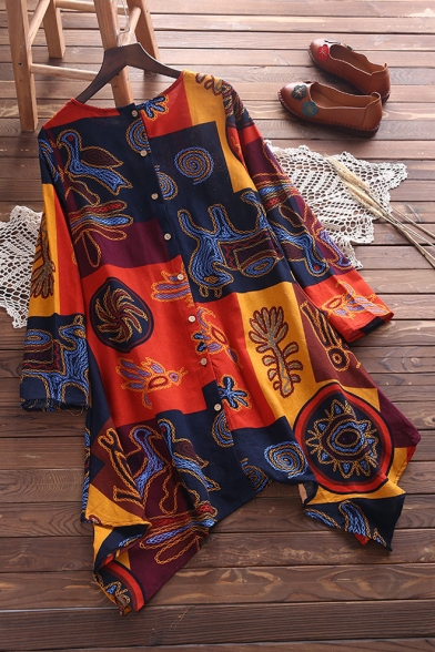 Women's Round Neck Long Sleeve Tribal Print Loose Mini Asymmetric Hem Dress