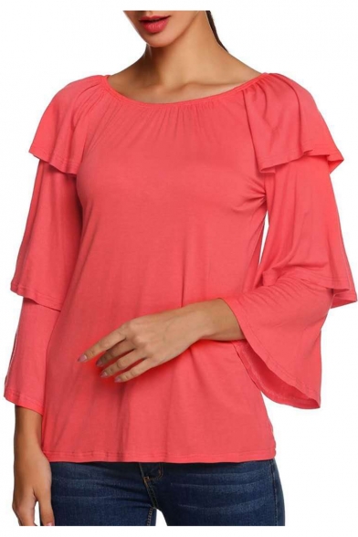 Women's Off The Shoulder Round Neck Ruffle Long Sleeve Solid T-Shirt