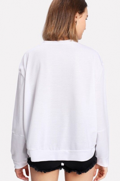 Women's Stylish LET'S PLAY Letter Print Long Sleeve Round Neck White Pullover Sweatshirt
