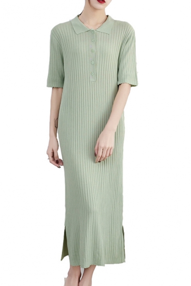 Women's Summer Simple Plain Button Front Turn-Down Collar Short Sleeve Maxi Shift Knit Polo Dress