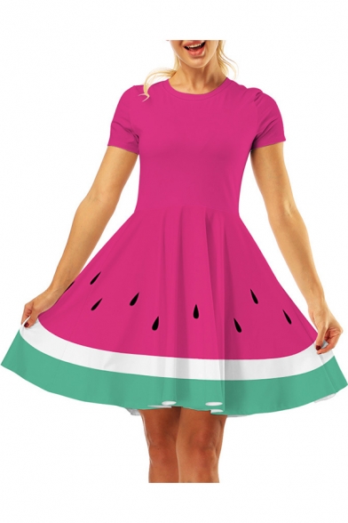Women's Summer Trendy 3D Pattern Short Sleeve Round Neck Mini A-Line Flared Dress