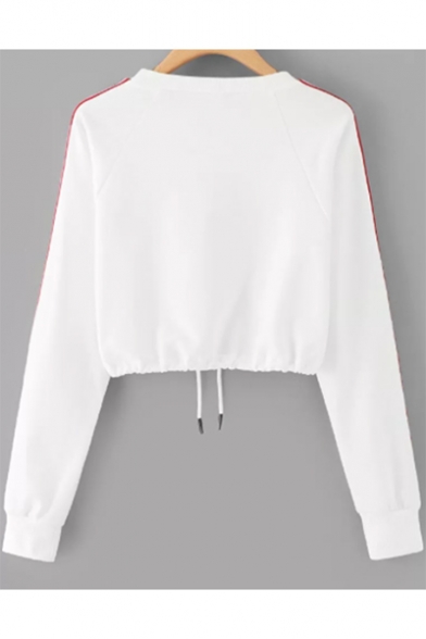 Women's Tape Striped Print Long Sleeve Drawstring Hem White Crop Sweatshirt