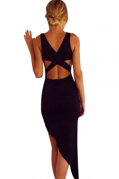 Womens Fashion Plain Scoop Neck Cutout Back Black Asymmetrical Bodycon Dress