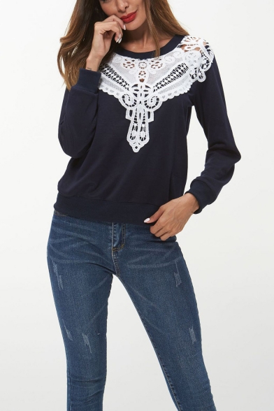 Womens Lace Patchwork Plain Round Neck Long Sleeve Pullover Sweatshirt