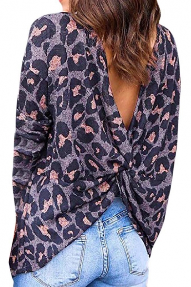 Womens New Trendy Navy Leopard Printed Long Sleeve Twist Back Casual Loose T-Shirt